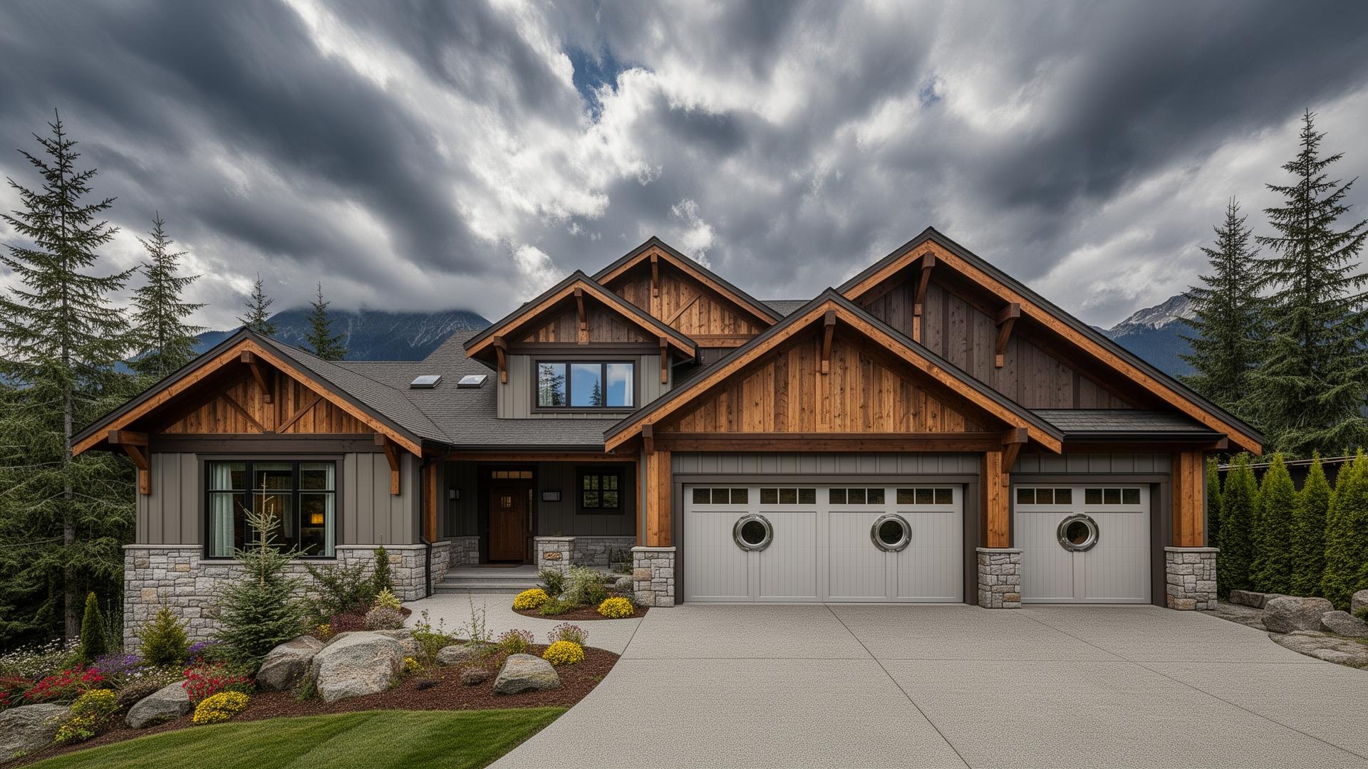 Mountain lodge style home with coastal garage doors in Pacific Northwest